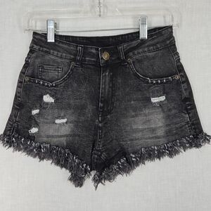 Black Distressed Denim Shorts Frayed Hem Side Slit Y2K Grunge Size S